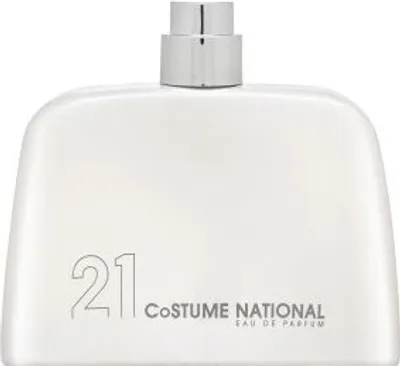 A white perfume bottle with a silver cap.