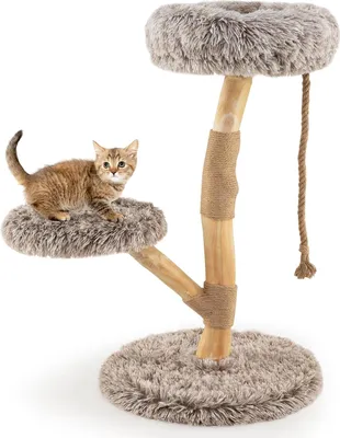 Produktbild von GOPLUS Kratzbaum Holz, 90 cm Katzenbaum mit Kratzpfosten aus Jute, Plüschsitzflächen, & Seil, mehrstöckiger Kletterbaum für Kätzchen