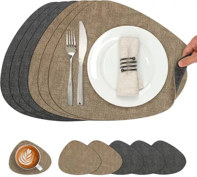 Produktbild von Tischsets aus Kunstleder und Untersetzer, Abwaschbare rutschfeste Platzsets in runder Lederoptik (6er Set, Grau Beige)