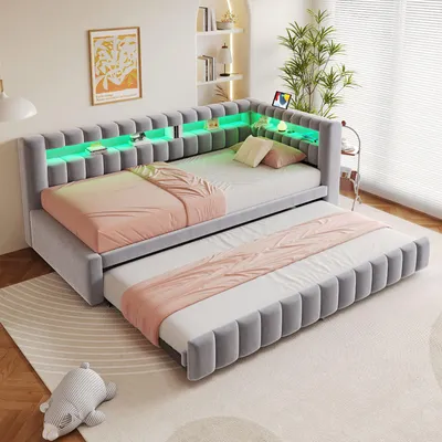Produktbild von MODFU Polsterbett Daybett 90 x 200&190 Samt,Schlafsofa mit Ausziehfunktion,Tagesbett mit LED-Beleuchtung und USB/Type-C-Anschluss,ohne Matratze,Hellgrau