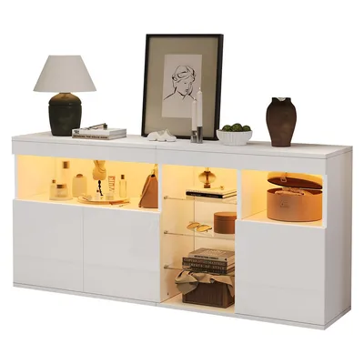 Produktbild von Sideboard mit LED und 3 Glastrennwand Aufbewahrungsschrank Wohnzimmerschrank Esszimmerschrank 155.5*35*72cm Weiß