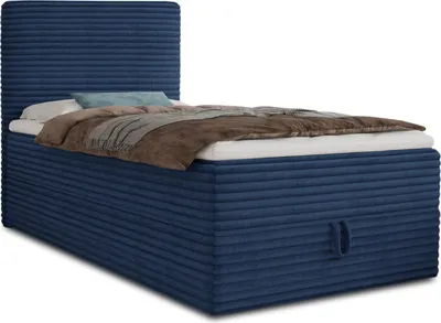 A blue upholstered bed with a headboard, mattress, and bedding, shown from a side angle against a white background.