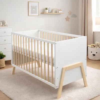 Produktbild von Baby-Delux Babybett Kinderbett 60x120 Juna Weiß Kiefernholz Schutzgitter Komfort Matratze