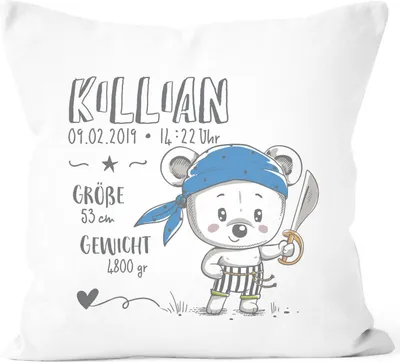 Produktbild von personalisierbares Kissen zur Geburt Pirat Geburtskissen Geschenk Geburt Wunschname Kissen-Bezug ohne Füllung SpecialMe® weiß unisize