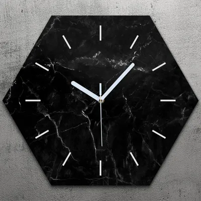 Produktbild von Uhr hexagonal 40 cm Glas Geräuschlos weiße Zeiger - schwarz Marmor