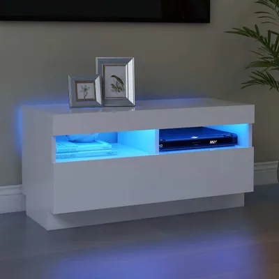 A white TV stand with blue LED lighting, featuring two picture frames on top and a media player inside.