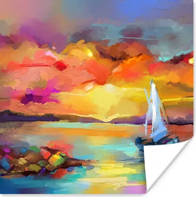 Produktbild von MuchoWow® Poster Malerei - Ölfarbe - Boot - Farben 50x50 cm - Wohnzimmerdekoration