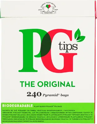 A close-up of a PG Tips tea box.