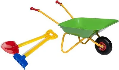 Obrázek produktu pro Sada kovového kolečka s lopatou a motykou – kovové kolečko pro děti – nosnost 25 kg