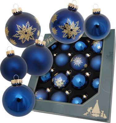 Krebs Glas Lauscha Exklusives 16er Glaskugelset Blue Night Christmas - 6 Matte & 6 Glänzende Kugeln + 4 mit Design - 21410
