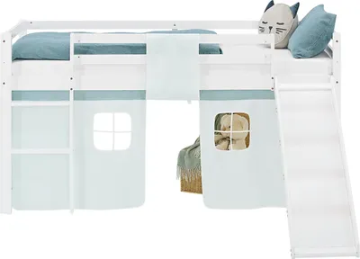 Produktbild von Homestyle4u Hochbett 90x200 Kinder Rutsche Vorhang grün Kinderbett Spielbett Weiß Holz