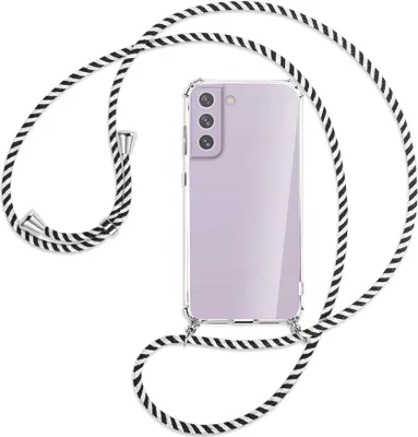 Produktbild von Handykette Backcover-Schutzhülle mit Band (Metall silberfarben) für Samsung Galaxy S21 FE - schwarz/weiß gestreift