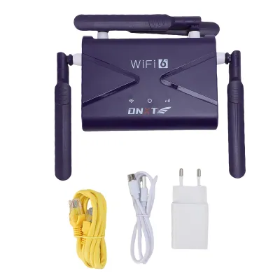 A WiFi6 wireless router and its accessories are laid out on a white background.