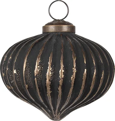 A single black and gold Christmas ornament with a ribbed texture and a hanging loop.