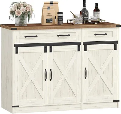 Produktbild von Sideboard, Buffetschrank mit 2 Schublade, Küchenschrank mit 3 Türen, Verstellbare Einlegeböden, Landhausstil, Küche, Wohnzimmer, 40 x 108 x 80 cm, Vintageweiß-honigbraun, SC85814X