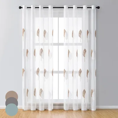 Produktbild von 2er Set Vorhänge Transparent Voile Blattmuster Gardinen mit Ösen Dekoschal für Wohnzimmer Schlafzimmer, Braun, B140xH245cm