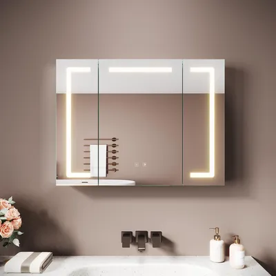 Produktbild von Sonni Dreitüriger Aluminium-Spiegelschrank 80 x 60 x 12,5 cm Hell silber Power-Off-Memory-Funktion Anti-Beschlag Drei Farbtemperaturen