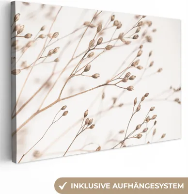 Produktbild von OneMillionCanvasses® - Leinwandbilder - 140x90 cm, Natur - Pflanzen - Zweig - Weiß - Braun - Trockenblumen, Wandbilder Kunstdruck Wanddekoration - Foto auf Leinwand - Gemälde auf