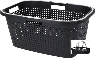 Produktbild von Wäschekorb aus Kunststoff in schwarz - 60 x 39 cm - Tragekorb mit klappbaren Griffen - Einkaufskorb Aufbewahrungskorb Tragegriffe