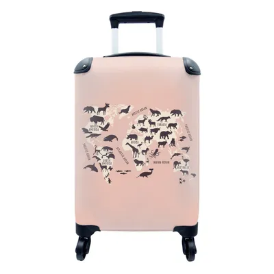 Produktbild von MuchoWow® Koffer Handgepäck Trolley Rollkoffer Kleine Reisekoffer mit 4 Rollen - Weltkarte - Tiere - Rosa - Cabin Size < 55x40x23 cm & 55x40x20 cm - Fotokoffer - Kabinenkoffer - Boardgepäck - Reise-Box - Reisekoffer - Reisegepäck - Koffer mit Bild - Trolley für Kinder