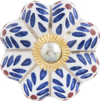 Produktbild von Clayre & Eef Türknauf Ø 4x3 cm Blau Weiß Keramik Blätter