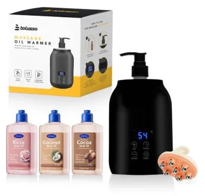 Image de Kit de chauffe-huile de massage Bolusso comprenant 3 huiles pour le corps (noix de coco, rose, cacao), 2 distributeurs et un outil Gua Sha – Température réglable de 30 à 65 °C pour des massages relaxants