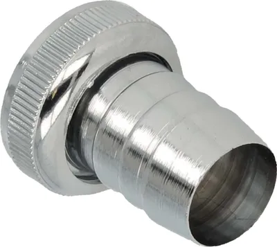A close-up, angled view of a single chrome-plated brass hose connector.