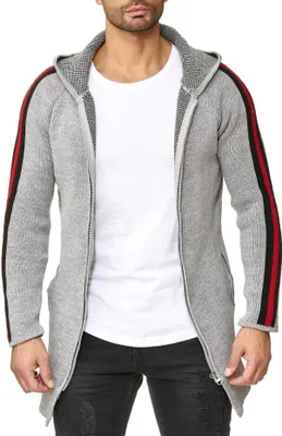 Produktbild von Reslad Strickjacke Herren Kontraststreifen Strickjacken für Männer Winter Jacke mit Kapuze RS-1046 Grau S
