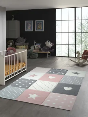 Produktbild von Kinderteppich mit Herz Stern in Rosa Weiss Grau Größe - 120 x 170 cm
