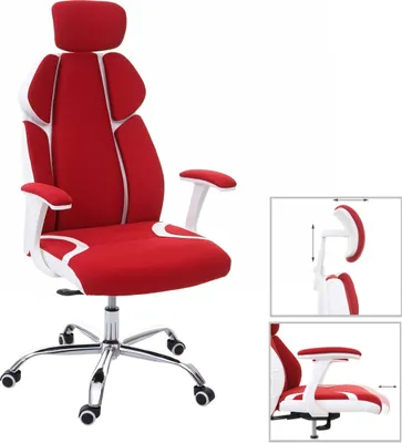 A red and white office chair is shown against a white background. Inset images show details of the chair's adjustable headrest and armrest.