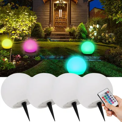 Produktbild von 4er-Set Solar-LED-Leuchtkugel, Ø 30cm, RGBW mit Fernbedienung, 60 Lu, IP67. Farbwechsel-Lichtkugel für Garten & Terrasse, wetterfest & kabellos