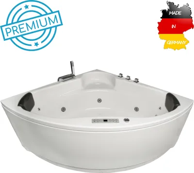 Produktbild von Basera PREMIUM Indoor Eck-Whirlpool Badewanne Futuna 140 x 140 cm mit 21 Massagedüsen, Heizung, Ozongenerator, Bodenansaugung, Wasserfall, LED-Ambiente, Touchpanel, Bluetooth, Radio