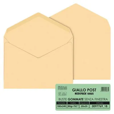 Image de Enveloppes Pigna Jaune Poste 18x24 cm 80 g/m² Fermeture Adhésive Sans Fenêtre - Paquet de 25 Pièces