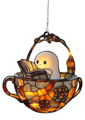 Produktbild von Halloween-Lesegeist-Sonnenfänger-Dekoration Hängesessel Cartoon-Geist Buntglas 2D Flaches Acryl Wandfenster Hängeschild Ornament B