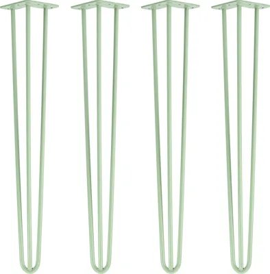 Four pastel green hairpin legs are arranged in a row against a white background.