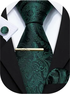 Produktbild von Herren Krawatten Set Dunkelgrün Paisley Satin mit Einstecktuch und Manschettenknöpfen