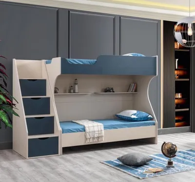 Produktbild von Blaues Kinderbett aus Holz modern, stilvoll und sicher