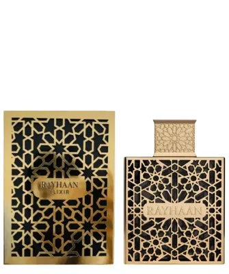 A product shot of a perfume bottle and its box, both featuring intricate gold geometric patterns on a black background.