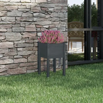 Productafbeelding van Grijze plantenbak van massief grenenhout, stabiele constructie, geschikt voor balkon en tuin, 40x40x70 cm