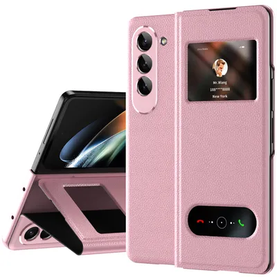 Immagine prodotto di Custodia sottile in pelle flip per Samsung Galaxy Z Fold 5, con finestra di visualizzazione e funzione stand Lychee Pink