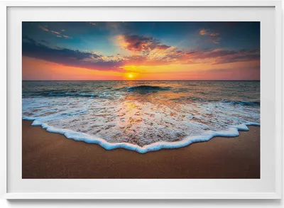 Produktbild von Sonnenuntergangslandschaft über dem Meer– Wandbild mit Rahmen – Gerahmtes Bild  – Wanddekoration – 100x70 cm –  Weiß Rahmen