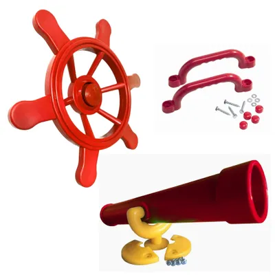 Produktbild von Spielturm-Zubehörset rot/gelb mit Piratenlenkrad, Fernrohr, Handgriffen