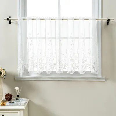 Produktbild von Delien Scheibengardinen Kurz Küche Gardinen mit Stickerei Landhausstil Spitze Vintage Kurzstores Weiß BxH 150x45 cm