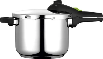 A stainless steel pressure cooker with a black and green handle is shown against a white background.