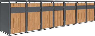 A row of seven identical metal and wood-look trash bin enclosures.