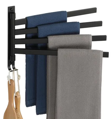 Produktbild von Schwarzes Handtuchregal mit Haken - 180° drehbarer Handtuchhalter für das Bad