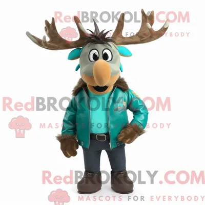 Productafbeelding van Mascot REDBROKOLY karakter van een turquoise eland gekleed met een leren jas en stropdassen