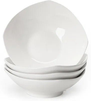 Zdjęcie produktu dla Zestaw 4 misek do sałatek, Zestaw porcelanowych misek do sałatek, Białe, Głęboka miska do makaronu, Miska do śniadań, która nadaje się do mikrofalówki, Talerz do serwowania sałatek i zup