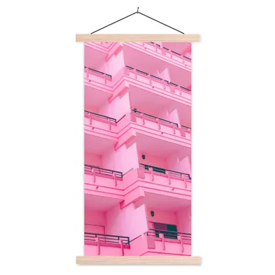 Produktbild von MuchoWow® Textilposter Balkon - Sommer - Rosa - Architektur 40x80 cm mit holzfarbenen Rahmen - Wohnzimmer