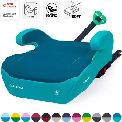 A teal and blue child booster car seat with various certifications and color options displayed at the bottom.